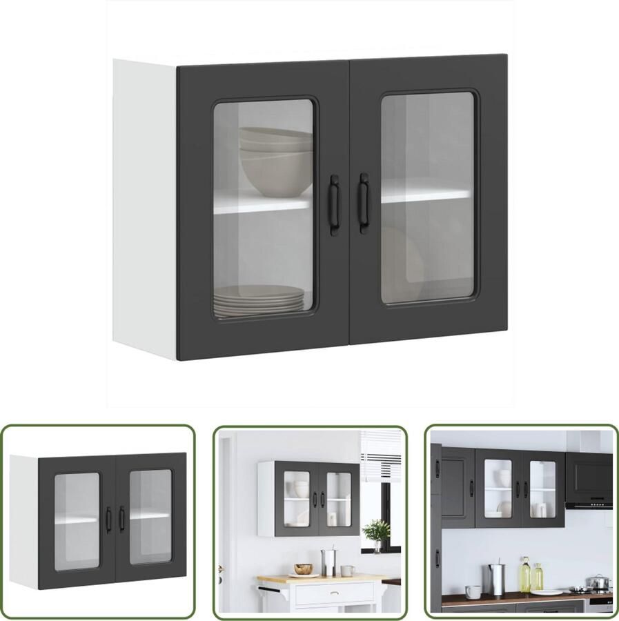 The Living Store Keukenwandkast met glazen deur Kalmar bewerkt hout zwart Keukenkast Wandkast Opslagoplossing Keukeninrichting Houten Kast