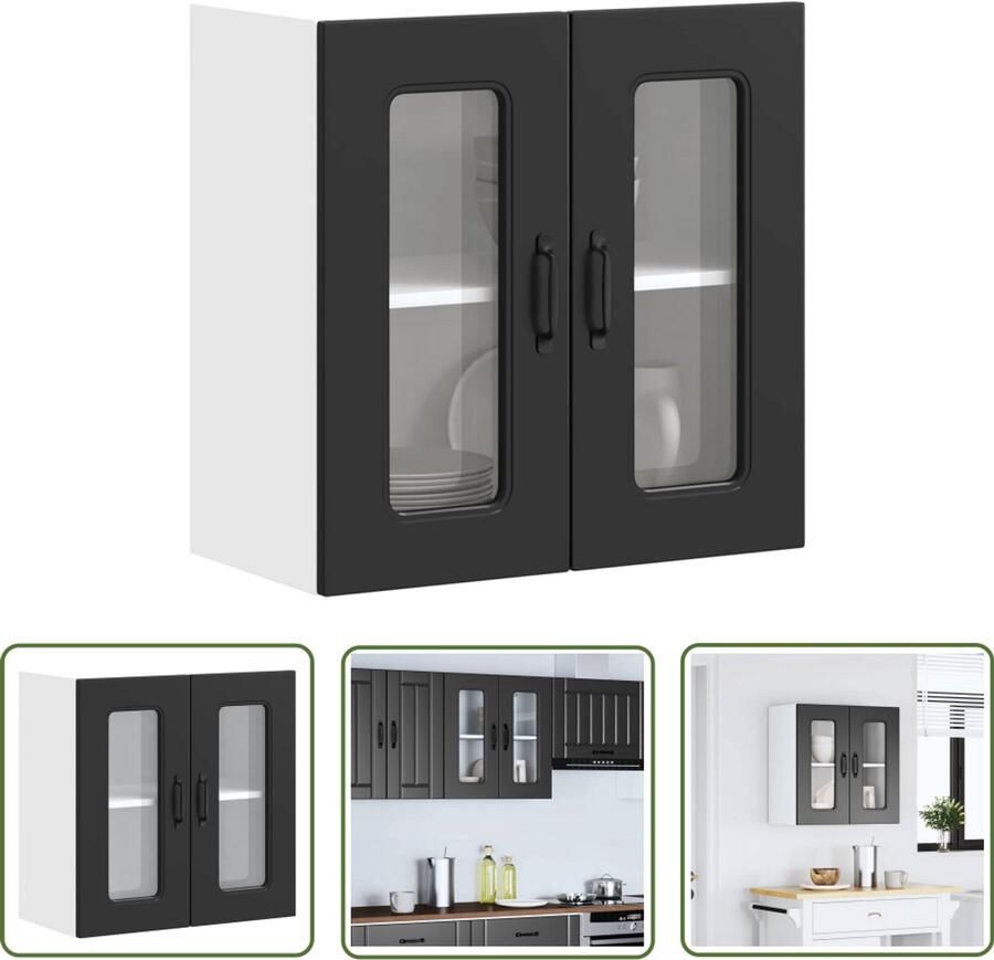 The Living Store Keukenwandkast met glazen deur Kalmar bewerkt hout zwart Keukenkast Wandkast Opslagruimte Keukeninrichting Houten Kast