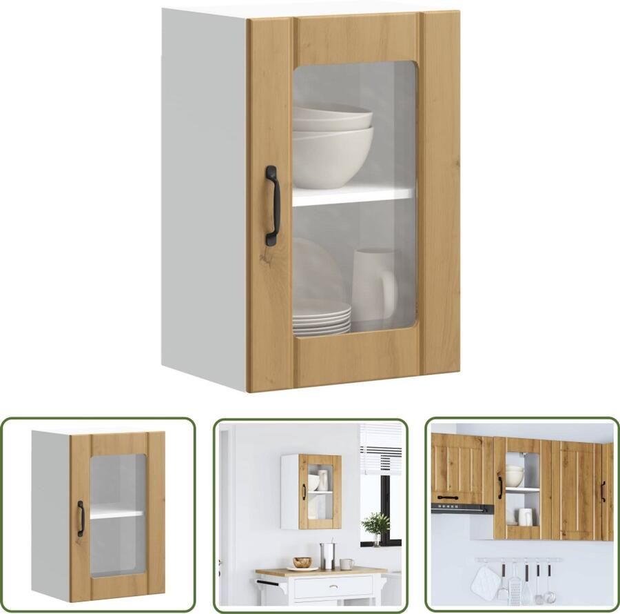 The Living Store Keukenwandkast met glazen deur Lucca artisanaal eikenkleur Keukenkast Wandkast Opslagoplossing Keukenaccessoires Houten Kast
