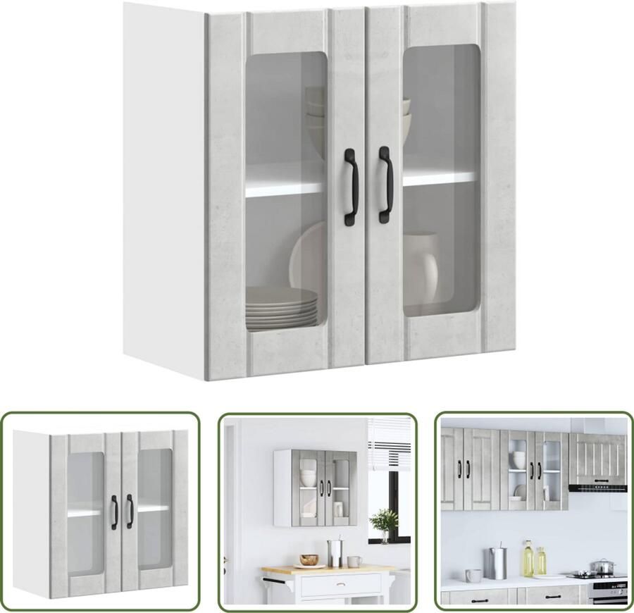 The Living Store Keukenwandkast met glazen deur Lucca bewerkt hout betongrijs Keuken Kast Wandkast Opslagoplossing Keuken Organisatie Houten Kast