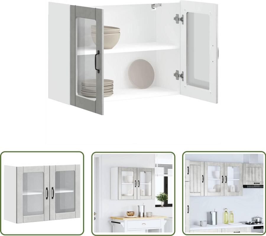 The Living Store Keukenwandkast met glazen deur Lucca bewerkt hout betongrijs Keuken Kast Wandkast Opslagruimte Keukeninrichting Houten Kast
