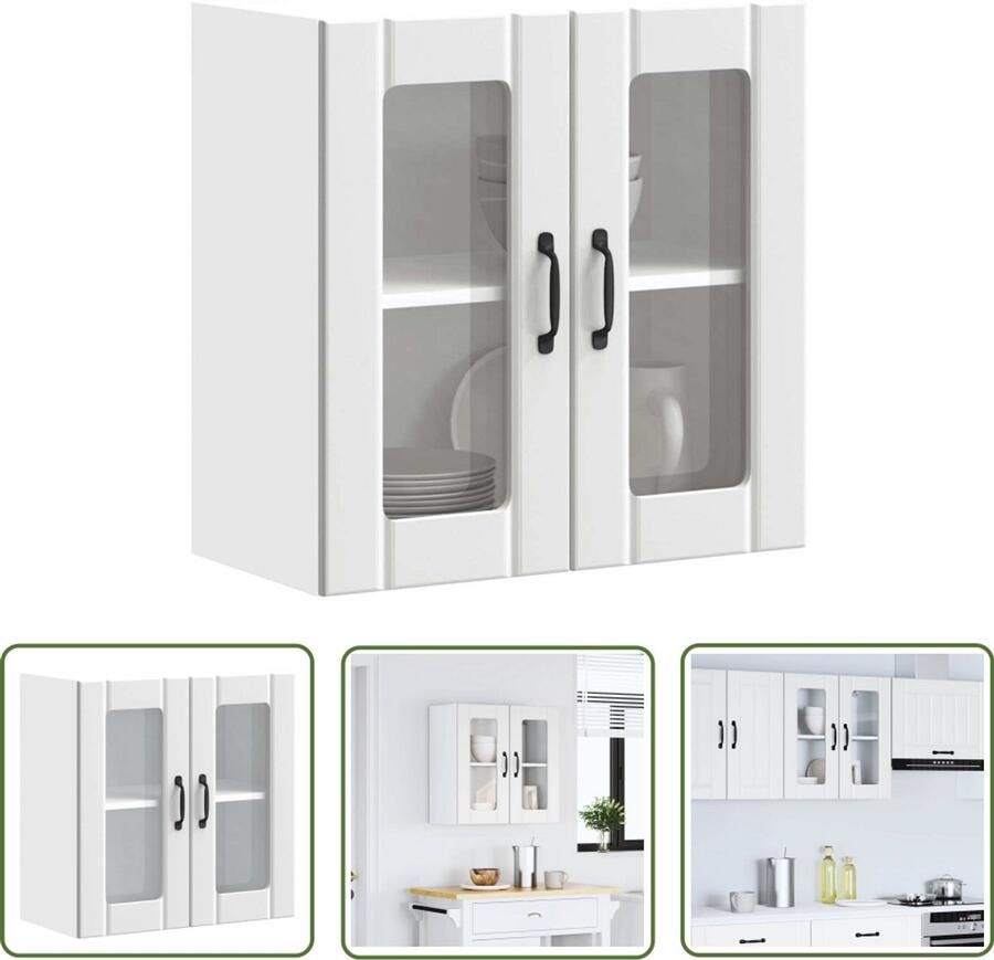 The Living Store Keukenwandkast met glazen deur Lucca bewerkt hout wit Keukenkast Wandkast Opbergruimte Keukeninrichting Houten Kast