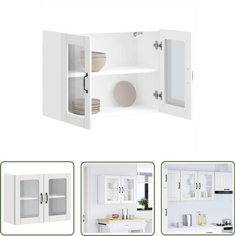 The Living Store Keukenwandkast met glazen deur Lucca bewerkt hout wit Keukenwandkast Opbergkast Keukeninrichting Houten Kast Glazen Deur