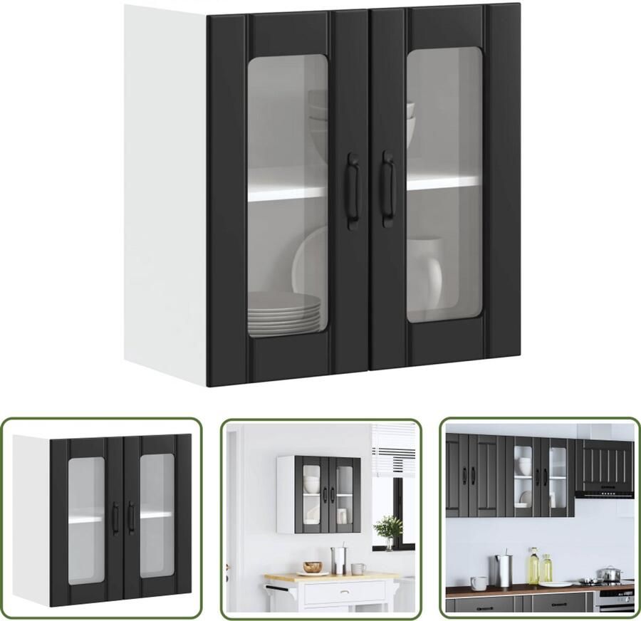 The Living Store Keukenwandkast met glazen deur Lucca bewerkt hout zwart Keuken Kast Wandkast Opslagoplossing Keukeninrichting Zwarte Keuken