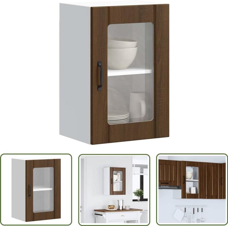 VidaXL Keukenwandkast met glazen deur Lucca bruin eikenkleur Keukenwandkast Keukenopbergruimte Houten Kast Glazen Deur Bruine Eiken Kleur