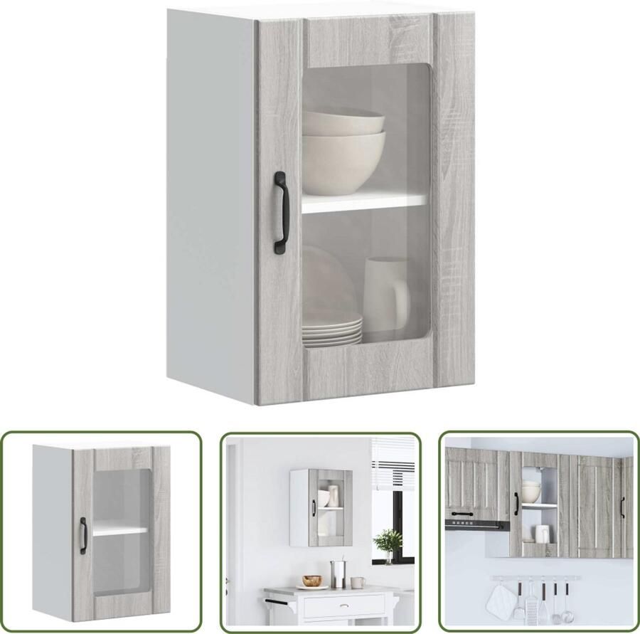 The Living Store Keukenwandkast met glazen deur Lucca grijs sonoma eikenkleur Keukenkast Wandkast Opslagoplossing Keukeninrichting Grijze Keuken