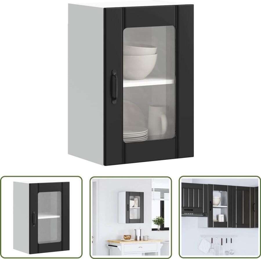 The Living Store Keukenwandkast met glazen deur Lucca zwart Keuken Kast Wandkast Opslagoplossing Zwarte Keuken Houten Keuken