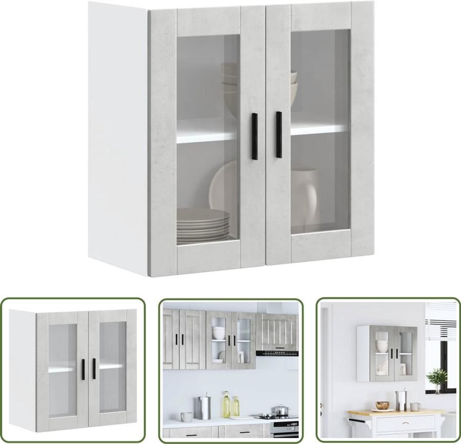The Living Store Keukenwandkast met glazen deur Porto betongrijs Keuken Kast Wandkast Opslagoplossing Keukeninrichting Houten Kast