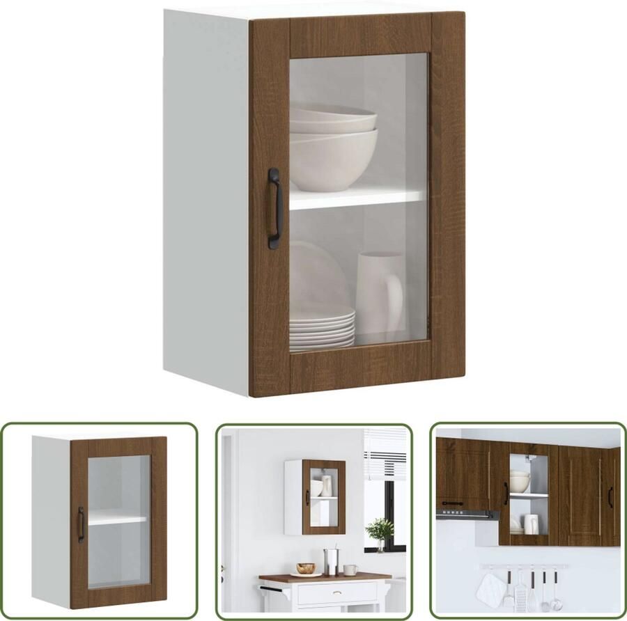 The Living Store Keukenwandkast met glazen deur Porto bruin eikenkleur Keuken Kast Wandkast Opslagoplossing Keuken Organisatie Houten Kast - Foto 3