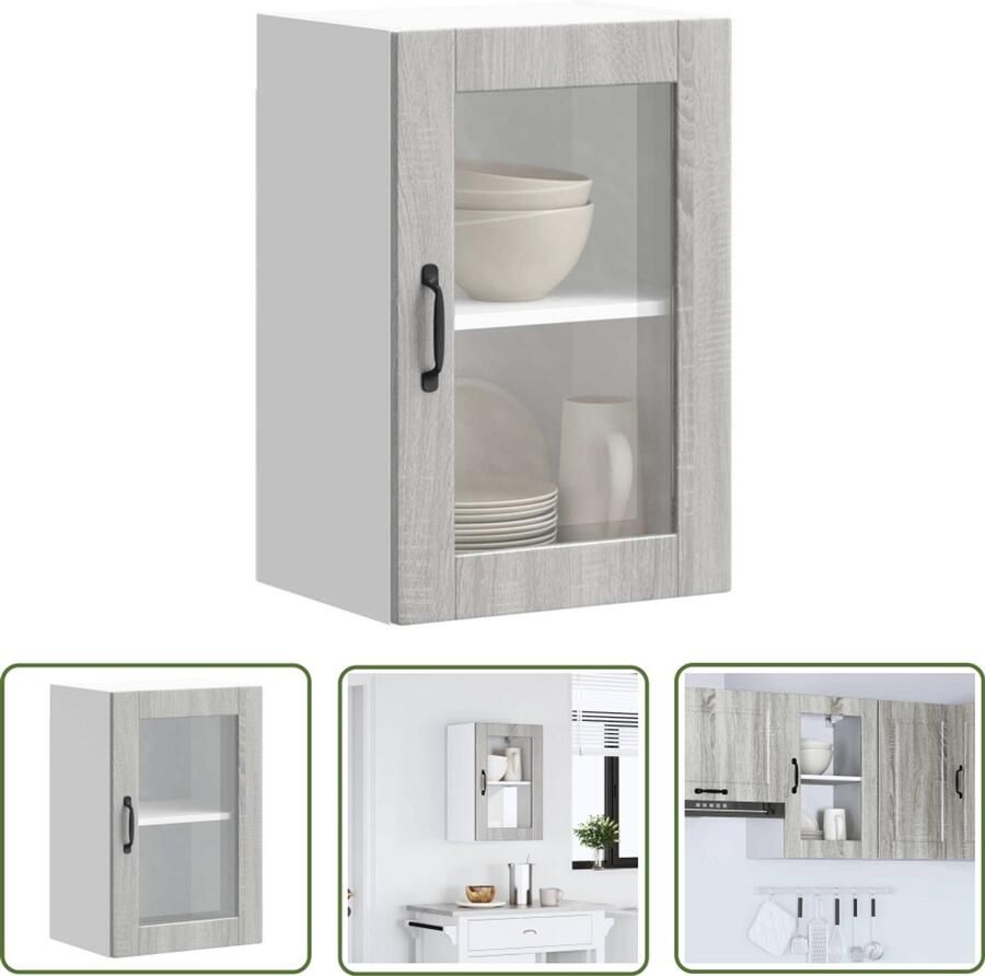 The Living Store Keukenwandkast met glazen deur Porto grijs sonoma eiken Keukenwandkast Keukenopbergruimte Houten Keukenkast Grijze Keukenkast Eiken Keukenkast