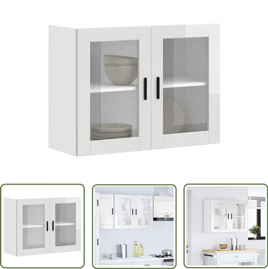 The Living Store Keukenwandkast met glazen deur Porto hoogglans wit Keuken Kast Wandkast Opslagruimte Keukeninrichting Houten Kast - Foto 2
