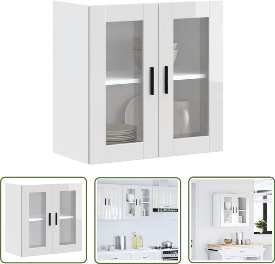 The Living Store Keukenwandkast met glazen deur Porto hoogglans wit Keukenwandkast Keukenopbergruimte Houten Keukenkast Witte Keukenkast Glazen Deur