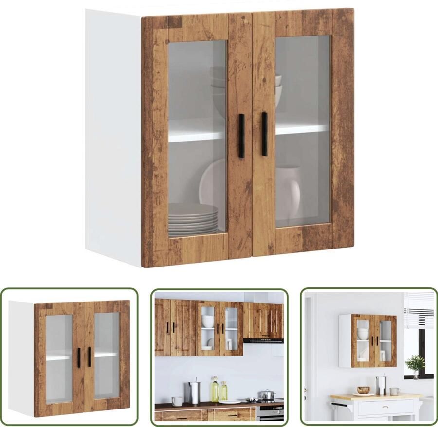 The Living Store Keukenwandkast met glazen deur Porto oud houtkleurig Keukenkast Wandkast Opslagruimte Houten Kast Vintage Kast