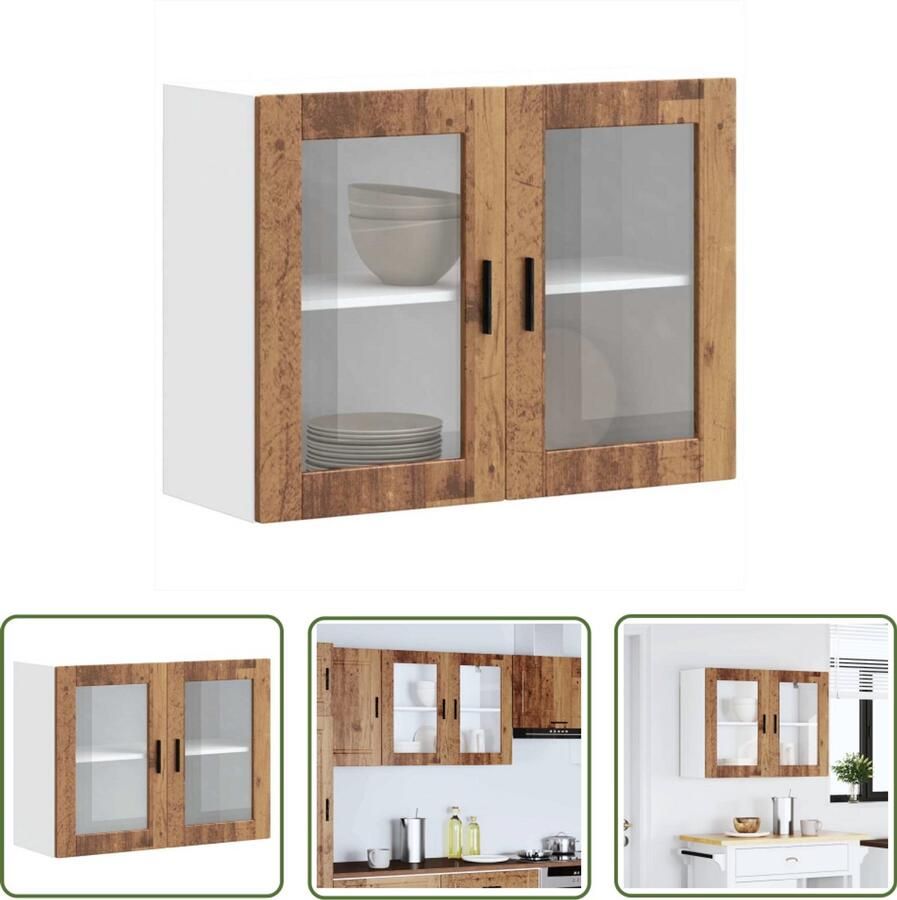 The Living Store Keukenwandkast met glazen deur Porto oud houtkleurig Keukenkast Wandkast Opslagoplossing Houten Kast Vintage Design