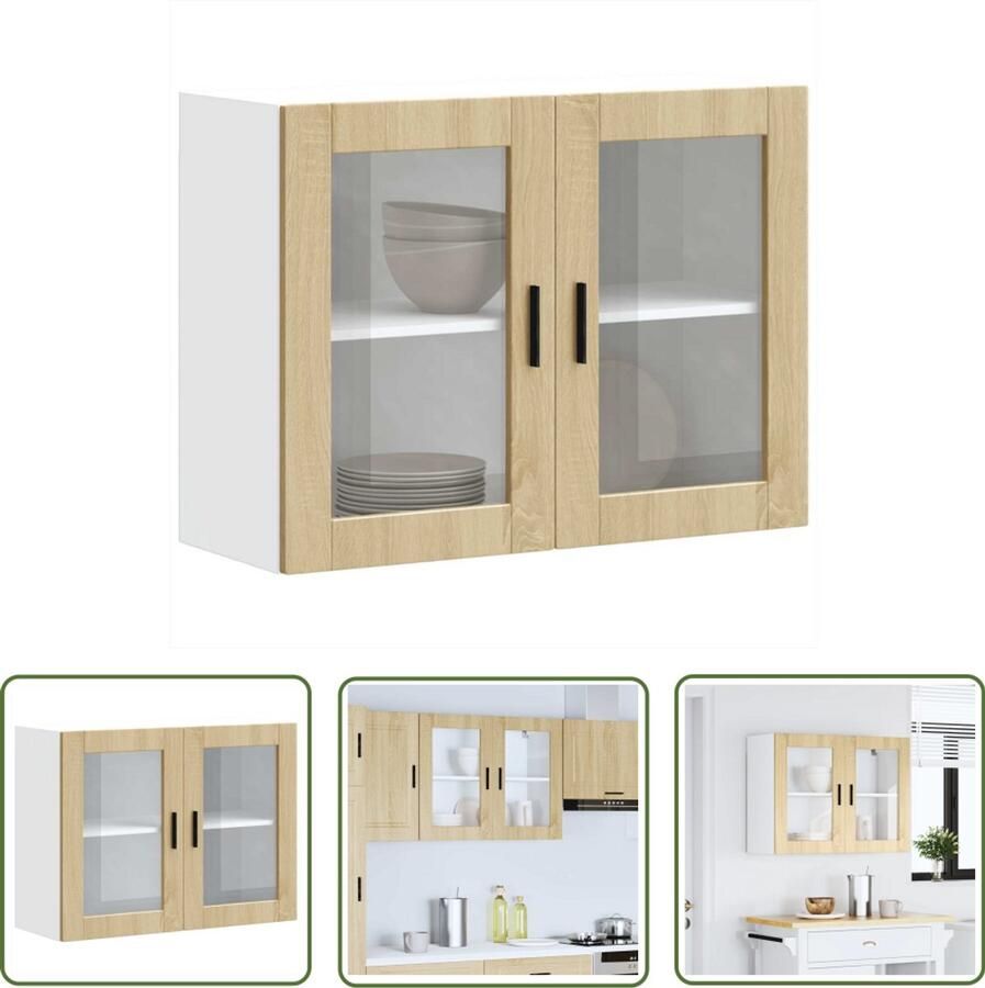 The Living Store Keukenwandkast met glazen deur Porto sonoma eikenkleurig Keukenwandkast Houten Keukenkast Keukenopbergruimte Wandkast Sonoma Eiken