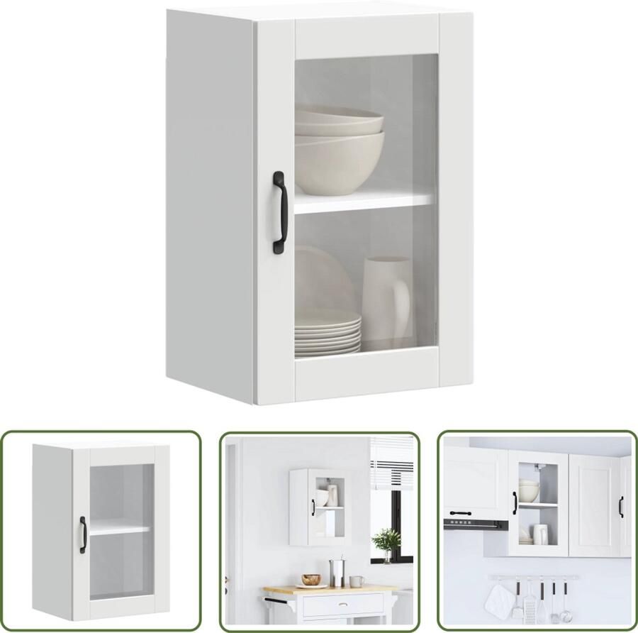 The Living Store Keukenwandkast met glazen deur Porto wit Keukenwandkast Keukenopbergruimte Houten Keukenkast Glazen Deur Wandmontage