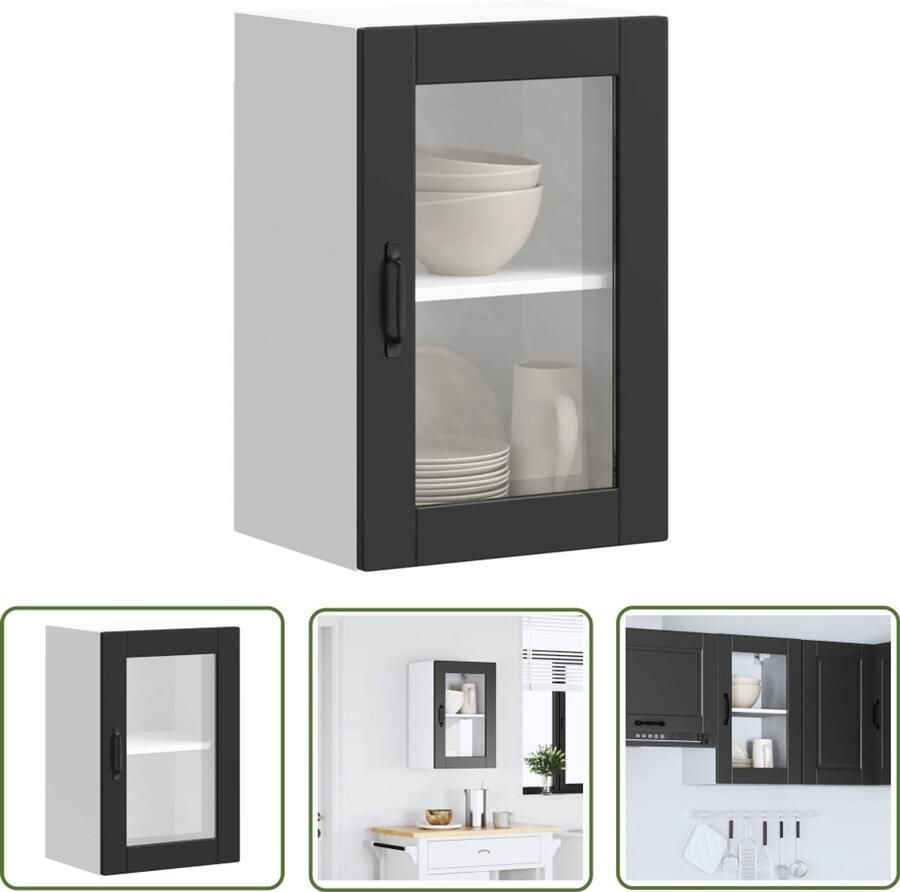 The Living Store Keukenwandkast met glazen deur Porto zwart Keukenkast Wandkast Zwarte Keuken Opslagoplossing Keukeninrichting