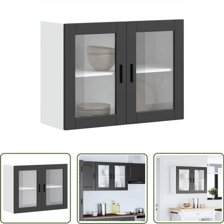 The Living Store Keukenwandkast met glazen deur Porto zwart Keukenwandkast Opslagruimte Houten Kast Glazen Deur Zwarte Keuken