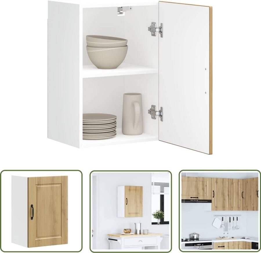 The Living Store Keukenwandkast Porto bewerkt hout artisanaal eikenkleur Keukenkast Wandkast Opslagruimte Houten Kast Eikenhouten Kast