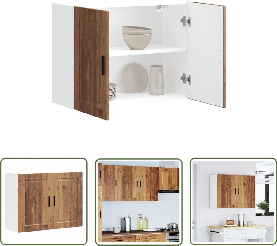The Living Store Keukenwandkast Porto bewerkt hout oud houtkleurig Keukenwandkast Houten Keukenkast Opslagoplossing Keuken Keukeninrichting Vintage Stijl