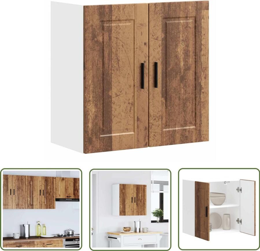 The Living Store Keukenwandkast Porto bewerkt hout oud houtkleurig Keukenwandkast Houten Kast Opbergkast Keukenopslag Badkamerkast