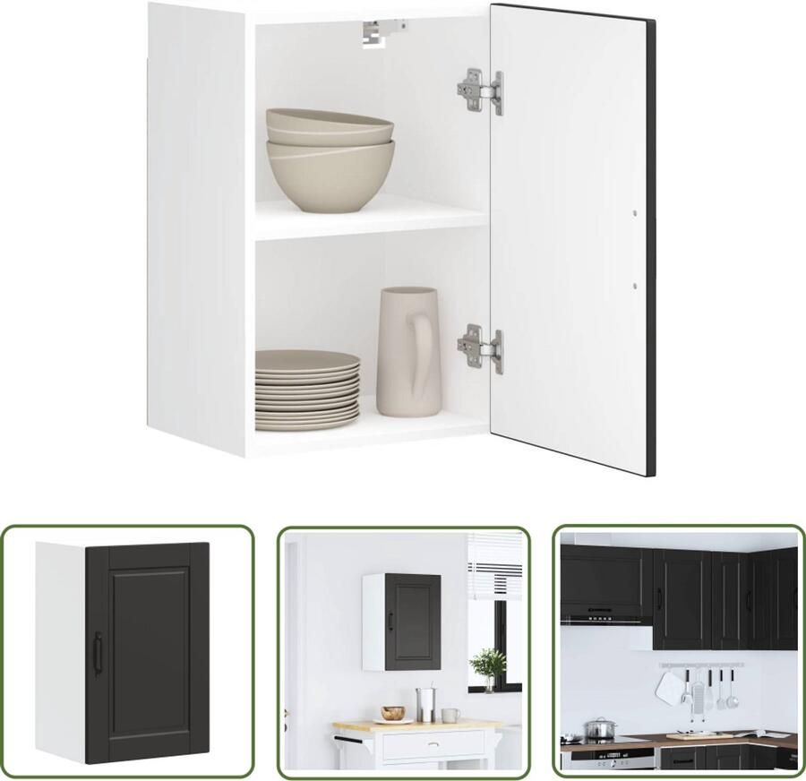 The Living Store Keukenwandkast Porto bewerkt hout zwart Keuken Kast Wandkast Opslagoplossing Zwarte Keuken Houten Kast