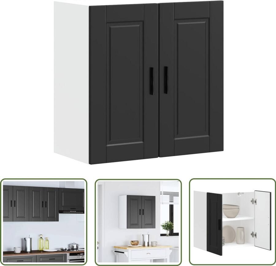 The Living Store Keukenwandkast Porto bewerkt hout zwart Keukenwandkast Opslagoplossing Keukenorganisation Houten Kast Zwarte Kast