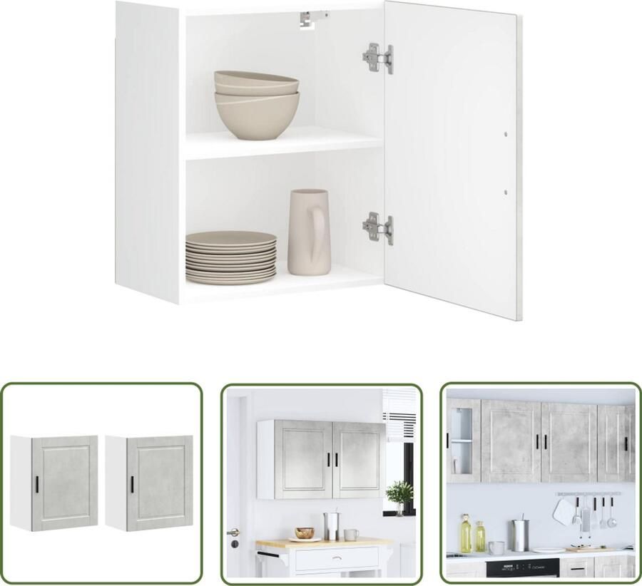 The Living Store Keukenwandkasten 2 st Porto bewerkt hout betongrijs Keuken Kast Wandkast Opslagruimte Keukeninrichting Houten Kast