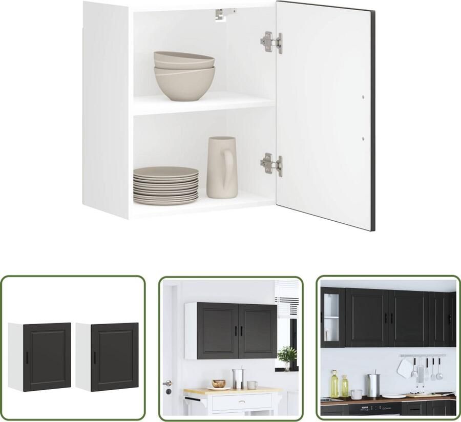 The Living Store Keukenwandkasten 2 st Porto bewerkt hout zwart Keuken Kast Wandkast Opslagruimte Zwarte Keuken Houten Keuken