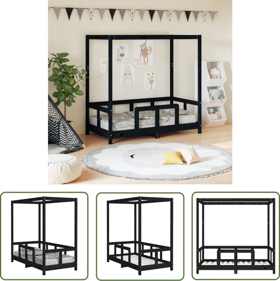 The Living Store Kinderbedframe Hemelbed Massief Grenenhout Zwart 145.5 x 75.5 x 140 cm (L x B x H) Geschikt voor 70 x 140 cm matras Vanaf 18 mnd Montage vereist