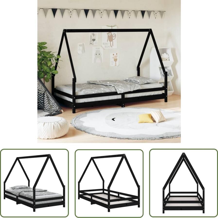 The Living Store Kinderbedframe Houten peuterbed in huisjesvorm Zwart Massief grenenhout 195.5 x 95.5 x 139.5 cm Geschikt voor matras 90 x 190 cm Voor kinderen vanaf 4 jaar Montage vereist
