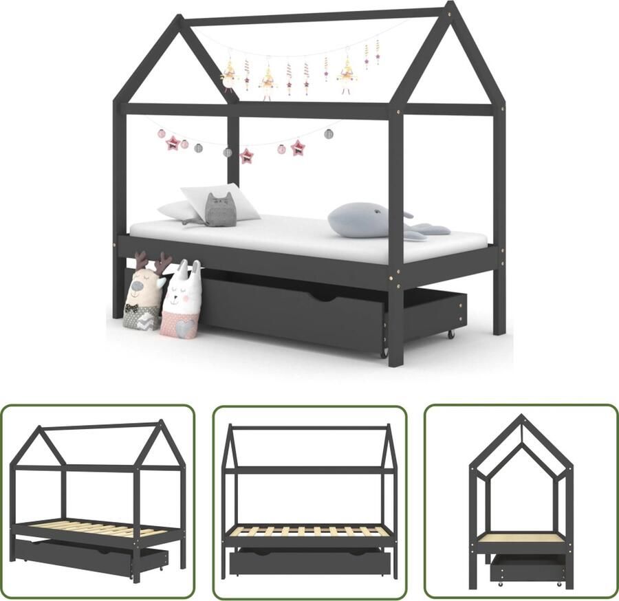 The Living Store Kinderbedframe Boomhut Donkergrijs 166x87x140cm Massief grenenhout Kinderbed Boomhutbed Kidsbed Houten Bed Grijs Bed