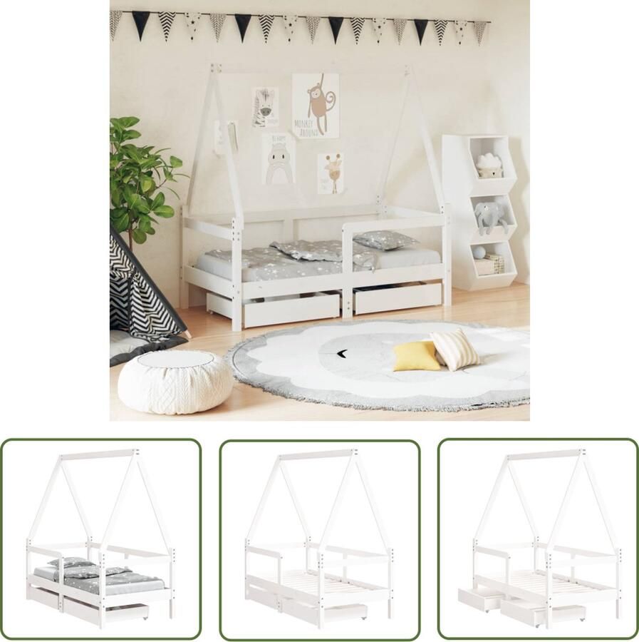 The Living Store Kinderbedframe Hout Huisje Design Opberglade Wit 145.5 x 75.5 x 147 cm 70 x 140 cm matras Geschikt voor 18m-4jr Kinderbed Houten Bed Kids Bed Huisje Bed Kinderkamer Decoratie