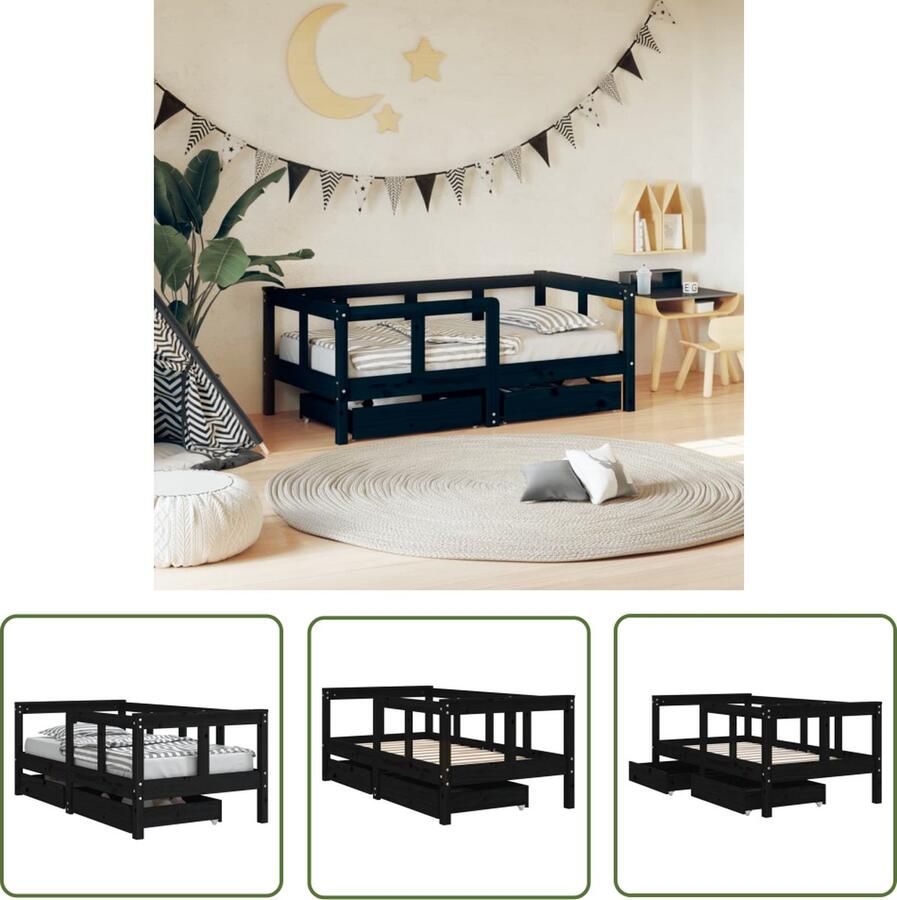 The Living Store Kinderbedframe met lades 70x140 cm massief grenenhout zwart Kinderbed Frame Houten Bed Kids Bed Grenenhouten Bed Peuterbed