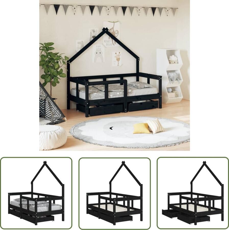 The Living Store Kinderbedframe met lades 70x140 cm massief grenenhout zwart Kinderbed Frame Houten Bed Kids Bed Huisvormig Bed Kinderkamer Decoratie