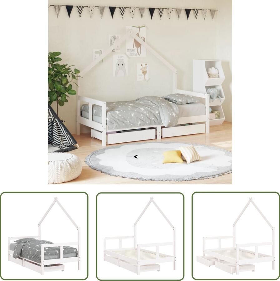 The Living Store Houten kinderbedframe Huisontwerp Massief grenenhout Stevige lattenbodem Opberglade Wit 165.5 x 85.5 x 148 cm Kinderbed Frame Houten Kinderbed Kinderbedhuis Kids Bed Grenenhout Bed