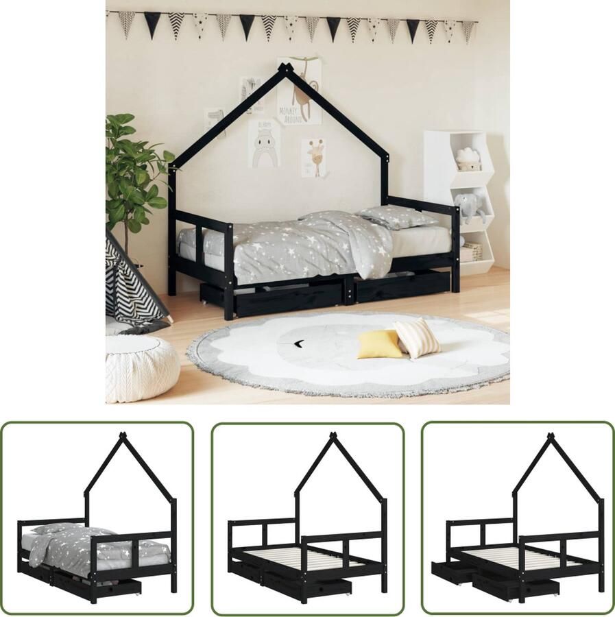 The Living Store Kinderbedframe Houten peuterbed met huisontwerp Zwart 165.5 x 85.5 x 148 cm (L x B x H) Geschikt voor kinderen van 4 jaar en ouder Inclusief opberglade Geschikte matras- 80 x 160 cm Massief grenenhout