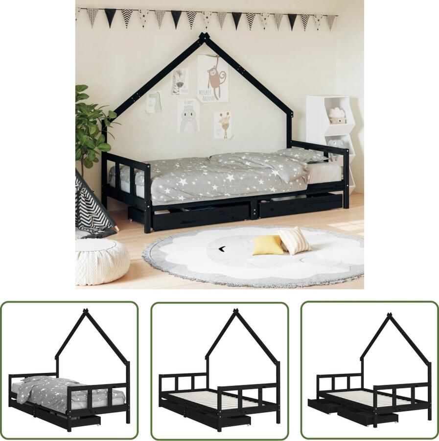 The Living Store Kinderbedframe Huisontwerp Massief grenenhout Met opberglade 195.5x95.5x160 cm Zwart Kinderbed Frame Huisdesign Kinderbed Grenenhout Bed Kids Bed Kindermeubels