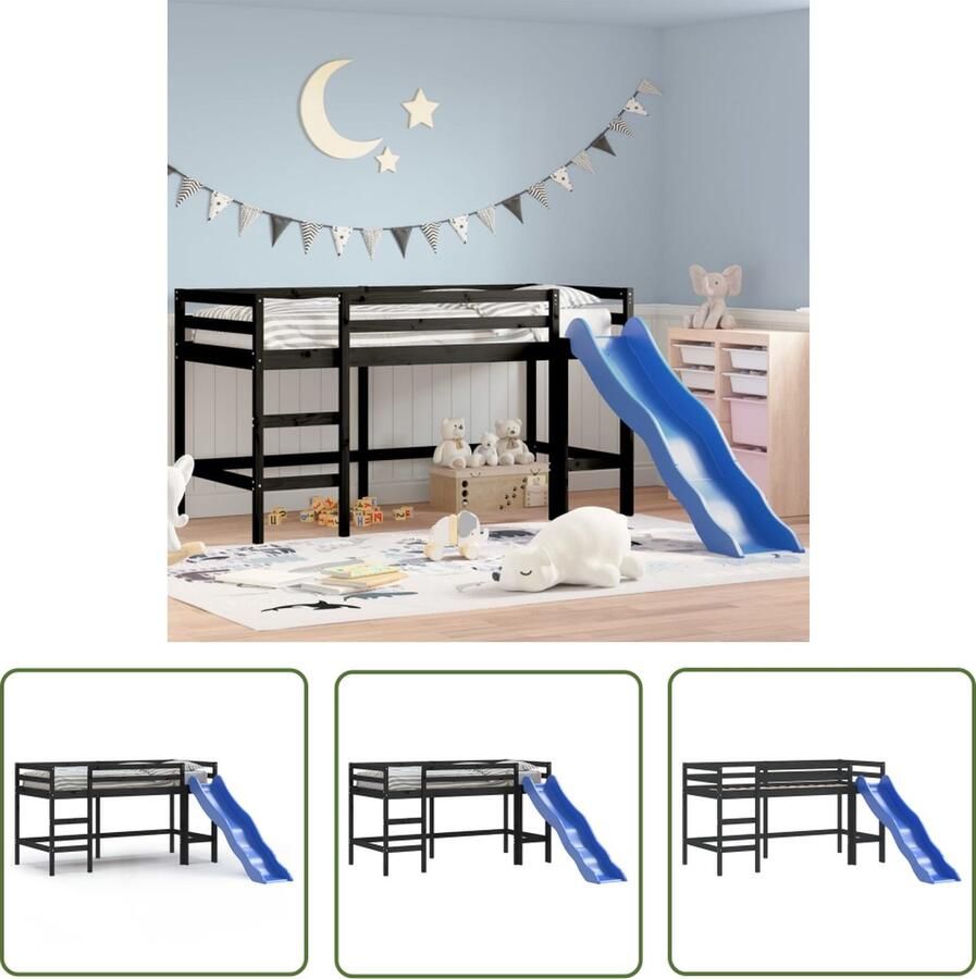 The Living Store Kinderhoogslaper met glijbaan grenenhout zwart 90x190 cm Kinderhooghout Bed Massief Hout Bed Hoogslaper Kids Bunk Bed Kinderkamer Decoratie