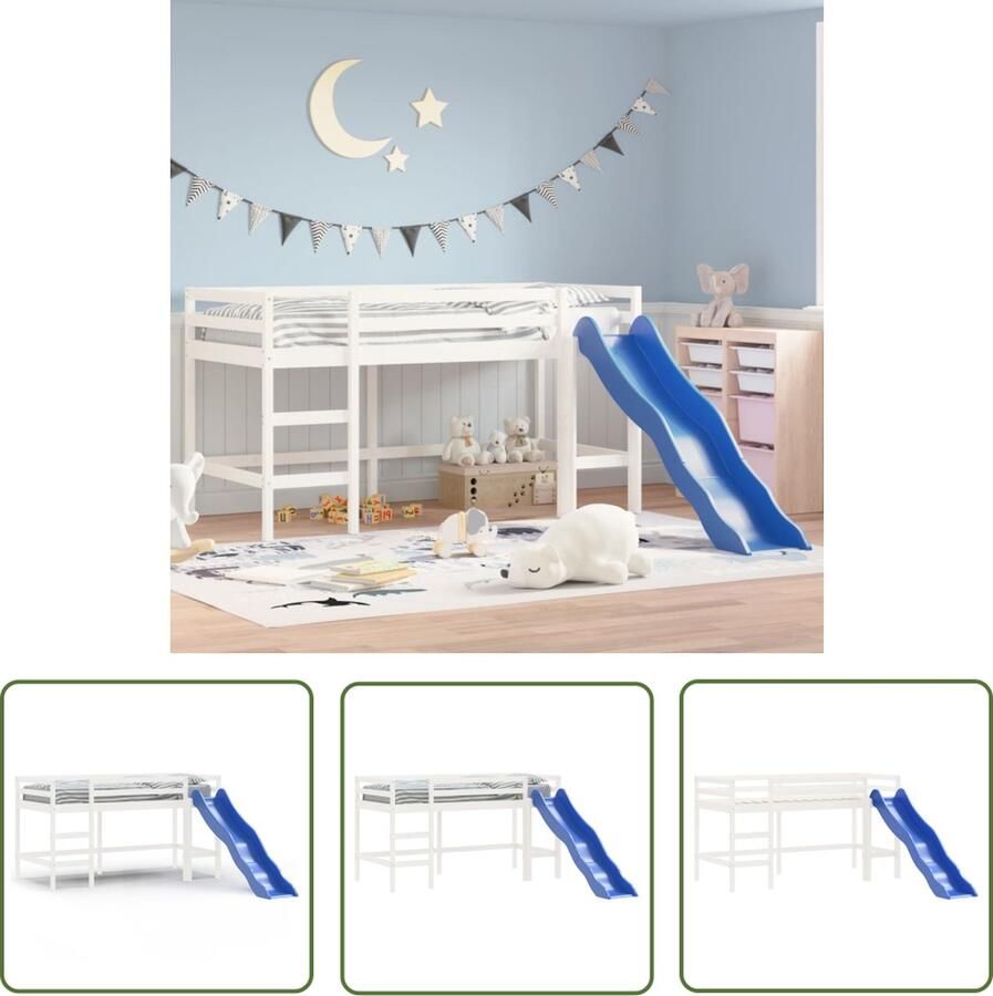 The Living Store Hoogslaper Kinderen Massief Grenenhout Wit 195.5 x 97.5 x 113.5 cm (L x B x H) Incl Veiligheidsleuningen Ladder en Glijbaan Geschikt voor kinderen vanaf 6 jaar