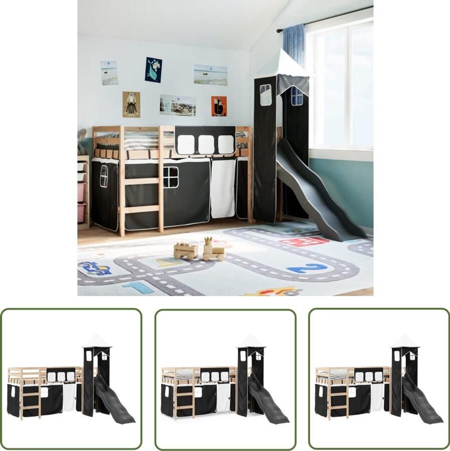 The Living Store Kinderhoogslaper met toren 80x200 cm grenenhout wit en zwart Kinderhoogslaper Hoogslaper Houten Bed Kids Bed Slaapruimte Besparen