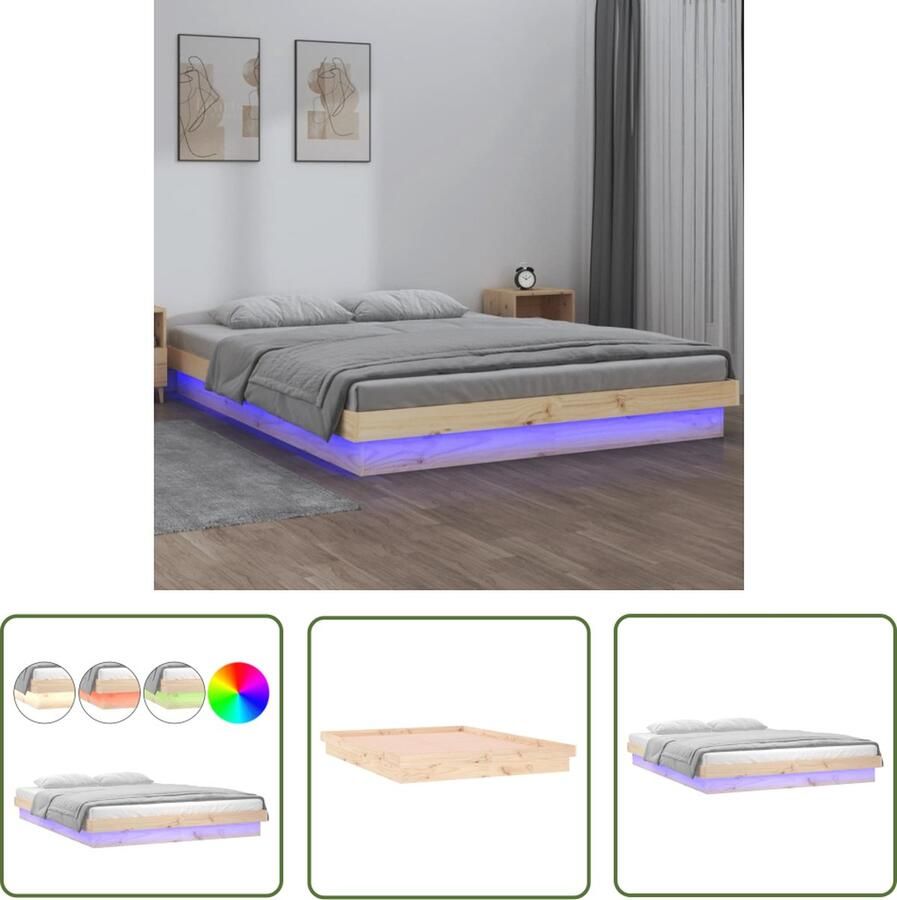 The Living Store Klassiek bedframe Grenenhout 150x200 cm Kleurrijke LED Klassieke Bedframe Grenenhouten Bed Led Bed Kleuren Lampjes Usb Aansluiting
