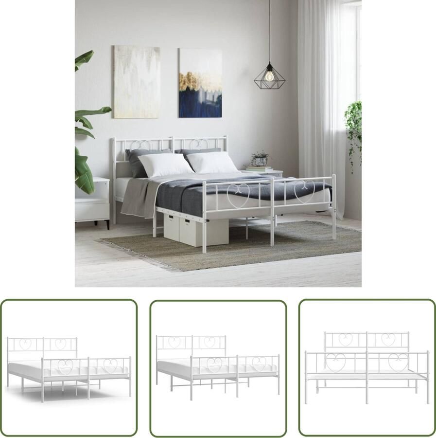 The Living Store Bedframe met hoofd- en voeteneinde metaal wit 135x190 cm Klassieke Bedframe Metalen Bedframe Wit Bedframe 135x190 Bedframe Met Opbergruimte - Foto 2