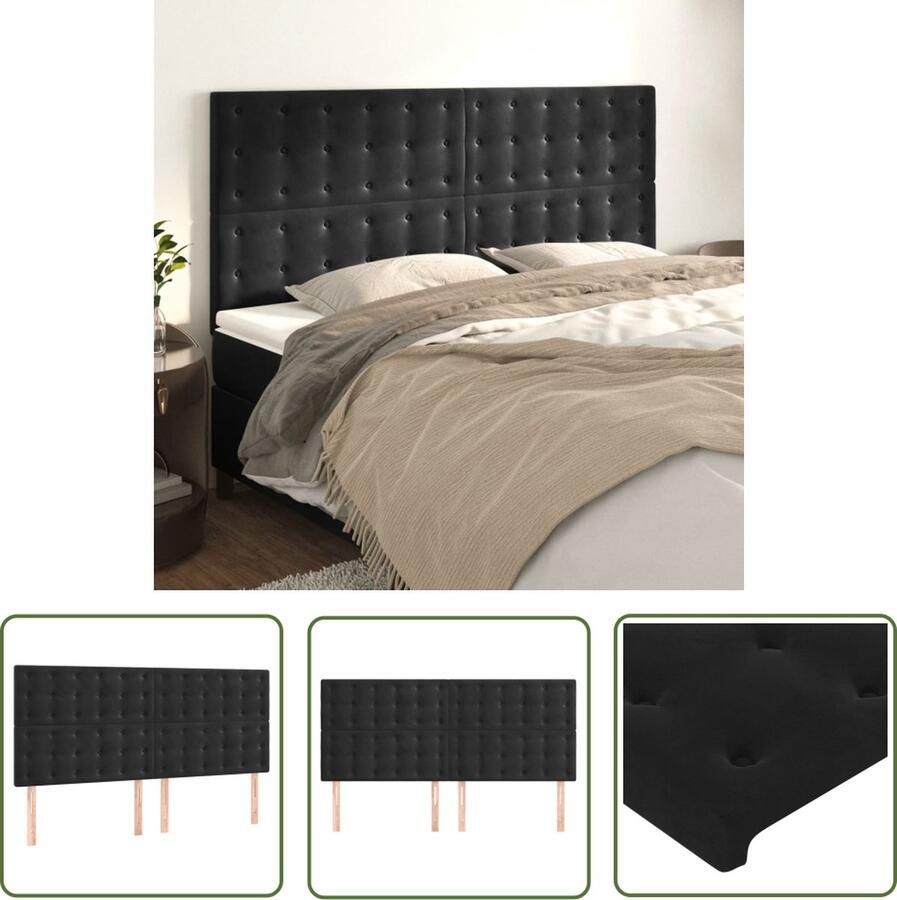 The Living Store Klassiek Hoofdbord Zacht Fluweel Stevige Poten Verstelbare Hoogte Comfortabele Ondersteuning Zwart 160 x 5 x 118 128 cm