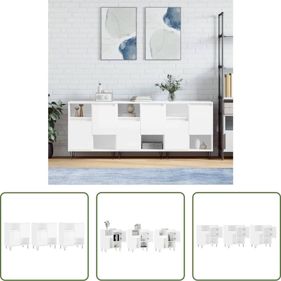 The Living Store Dressoirs 3 st bewerkt hout hoogglans wit Klassieke Dressoirs Witte Dressoirs Voor Woonkamer Houten Dressoirs Opbergkasten