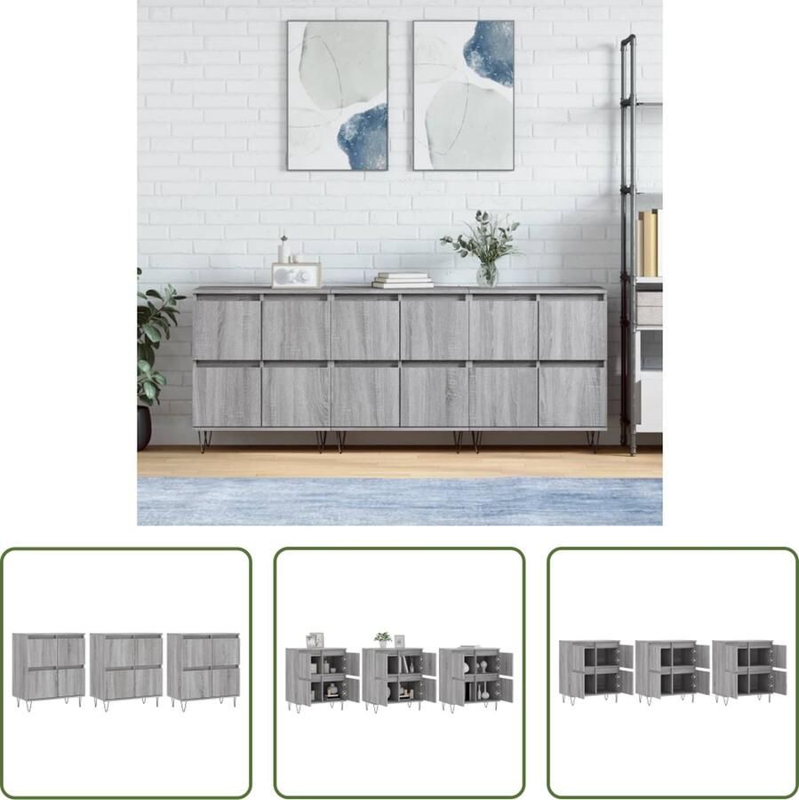The Living Store Dressoirs 3 st bewerkt hout grijs sonoma eikenkleurig Dressoir Grijze Dressoirs Houten Dressoir Vintage Dressoir Salontafel