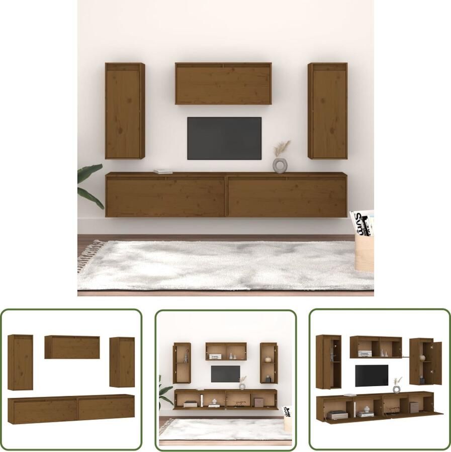 The Living Store Klassieke Televisiekasten Hangkasten Massief Grenenhout 80x30x35 cm 100x30x35 cm 30x30x80 cm Honingbruin - Foto 2