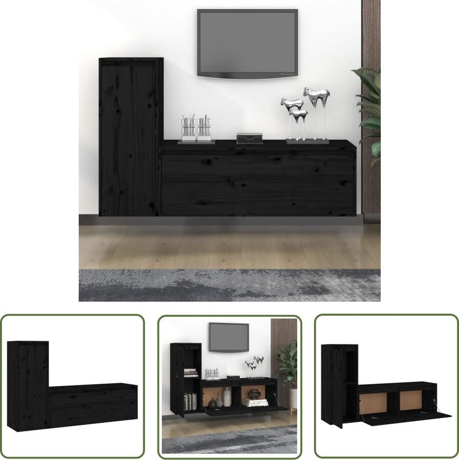 The Living Store Klassieke Televisiekasten Massief grenenhout 100x30x35 cm en 30x30x80 cm Zwart - Foto 2