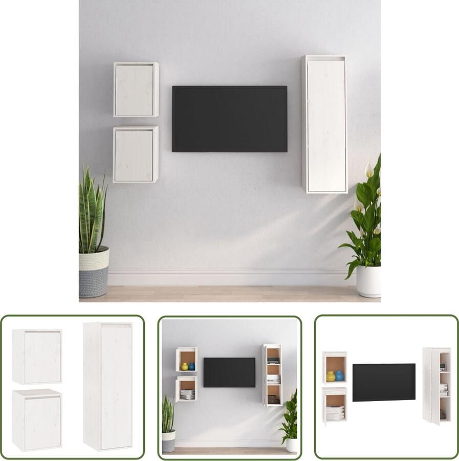 The Living Store klassieke televisiekasten Set massief grenenhout opbergmeubelen wit 30x30x40cm 30x30x100cm - Foto 2