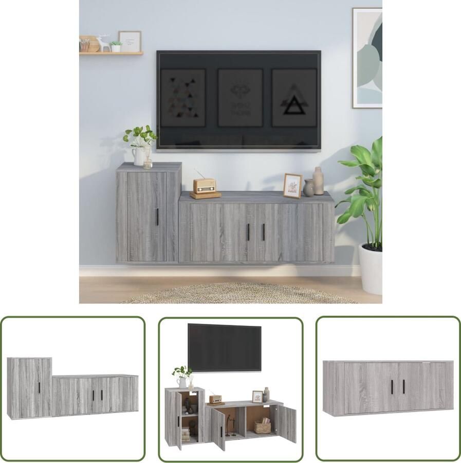 The Living Store Klassieke televisiekastenset 100 x 34.5 x 40 cm Kleur- grijs sonoma eiken Tv Kast Salontafel Houten Tv Meubel Grijze Tv Kast Landelijke Tv Kast - Foto 2